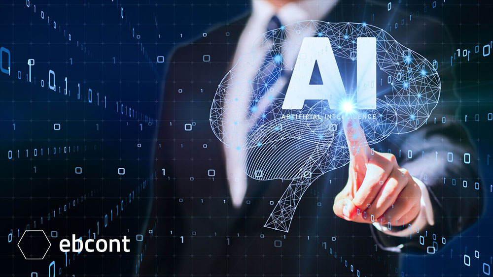 Ein Geschäftsmann im Anzug berührt mit seinem Finger ein leuchtendes, digitales Interface. Im Vordergrund ist ein stilisiertes Gehirn aus vernetzten Linien mit dem Schriftzug 'AI - Artificial Intelligence' zu sehen. Um das Bild herum schweben binäre Zahlen. Das EBCONT-Logo befindet sich in der unteren linken Ecke.