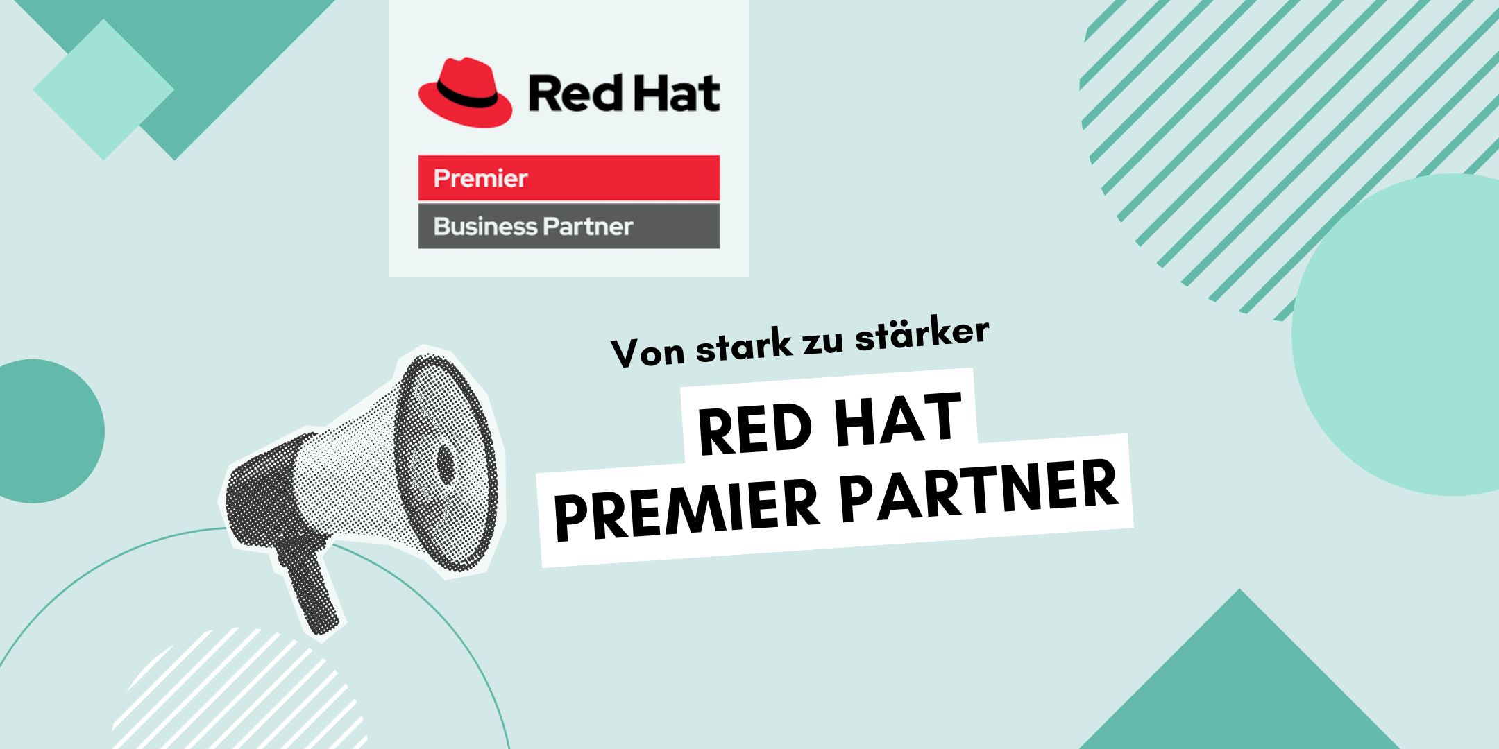 Red Hat Premier Partner von EBCONT mit einem türkisen Hintergrund und Zierelementen
