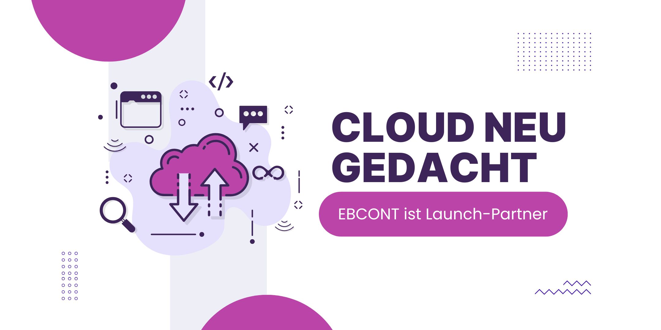 Eine Wolke mit digitalisierungs Zeichen auf weißen Hintergrund. Die verwendeten Farben sind Violett, Flieder und Pink.