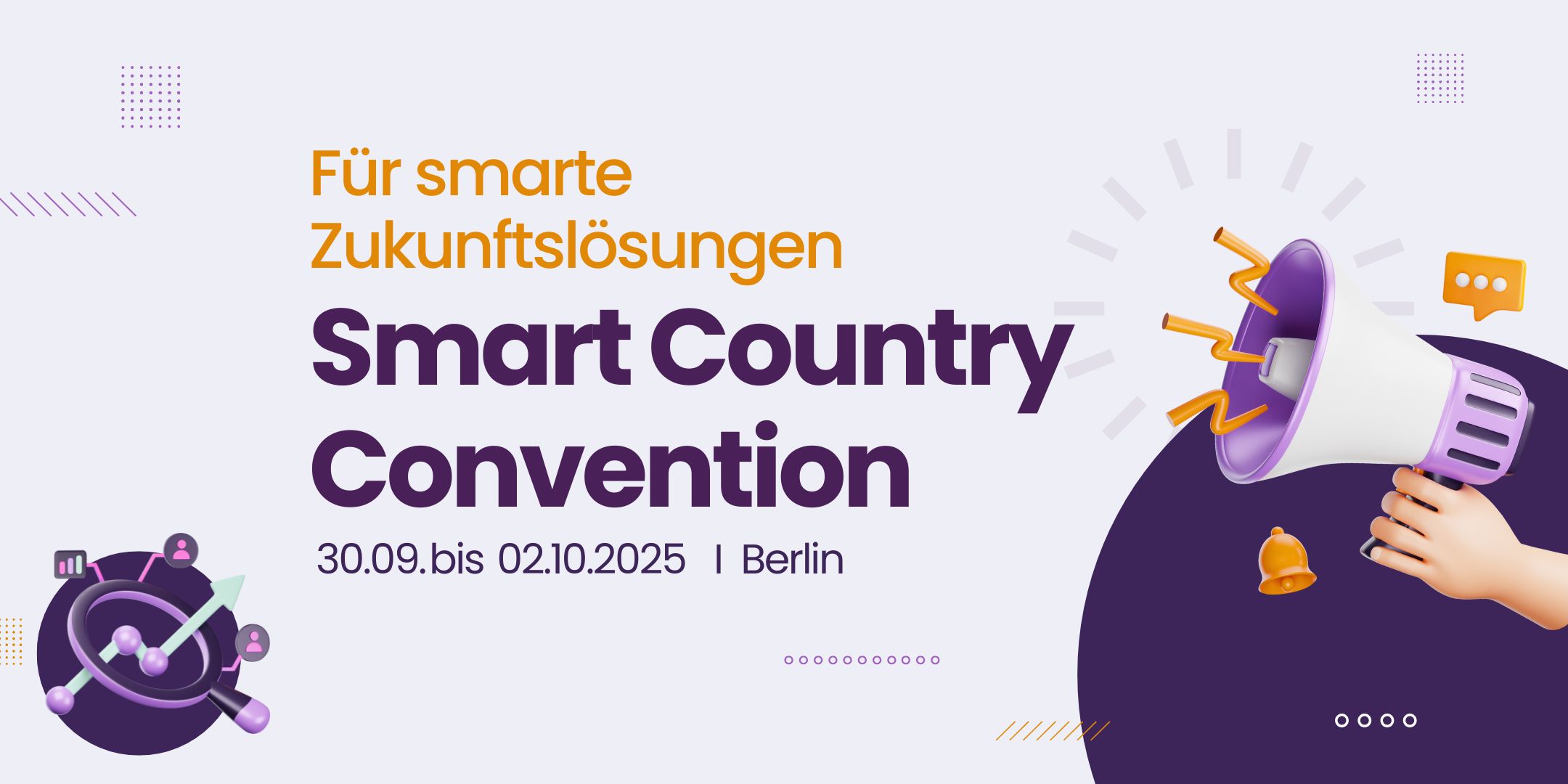 Promotional graphic for the Smart Country Convention 2025. The image features the event title in bold lettering with the tagline "For smart future solutions") above it. The date "30.09. bis 02.10.2025 | Berlin" is listed below. A 3D-style hand holds a megaphone with dynamic lines, a speech bubble, and a notification bell around it. The background is light with geometric tech-style design elements.